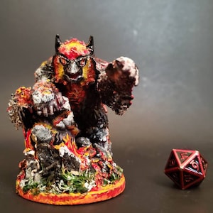 FIRE Owl Faced Bear Miniature - Dungeon mini Owl Faced Bear (RED and BLACK) (Painted) (Flocked base) (3d printed) (BeautyAndHerBeasties)