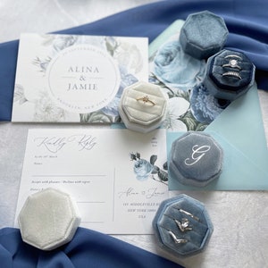 3 SLOT Velvet ring box, 26 COLORS, Engagement ring box, Personalized Ring box, triple slot ring Box, wedding flat lay, dusty blue wedding