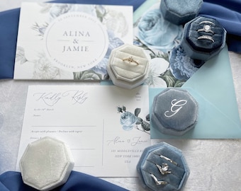 Velvet 3-Slot Ring Box: Personalized Wedding Engagement Ring Holder, Triple slot ring box, wedding flat lay photos, blue wedding ring box