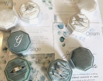 Velvet Triple Ring Box: Personalized Octagon Wedding Proposal, 3 slot ring box, flay lay photo, wedding photography, greenery wedding
