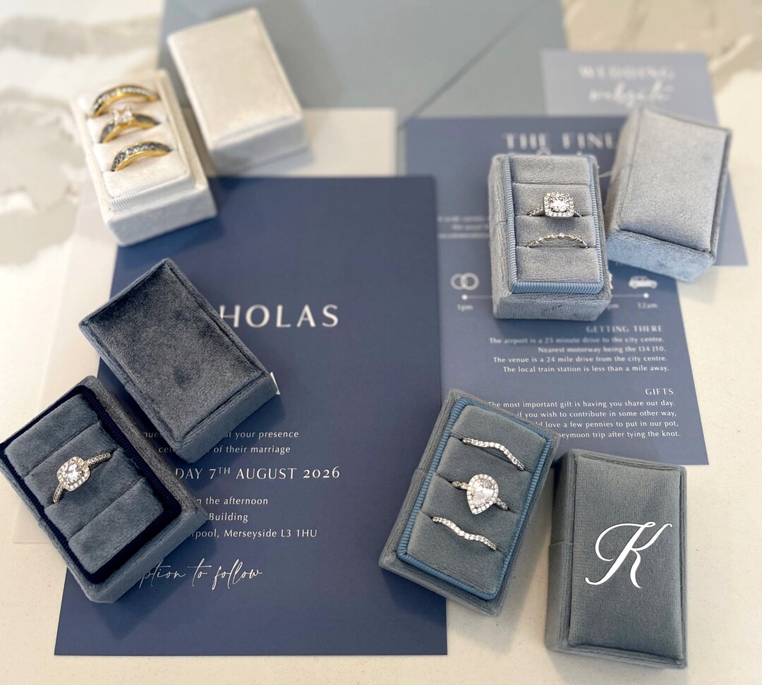 3 SLOT Velvet Ring Box, Dusty Blue Ring Box, Blue Wedding, Engagement