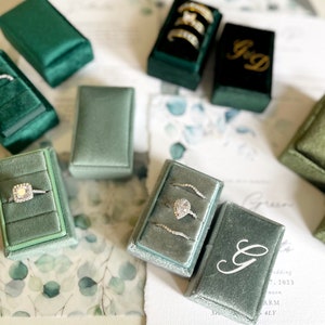 3 SLOT Velvet ring box, Sage & emerald ring box, greenery wedding, Engagement ring box, Rectangle shape box, triple slot ring Box, flatlay