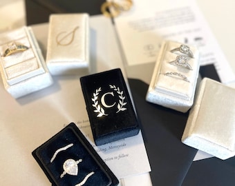 Velvet 3-Slot Ring Box: Modern Engagement & Wedding Ring Display, triple slot ring box, rectangle ring box, wedding flat lay photo
