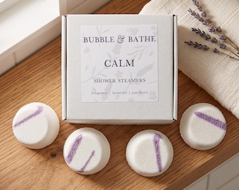 Calm Shower Steamers, Lavender Shower Bombs, Box of 4 Aromatherapy Melts, Spa Relaxation Gift, Vegan Cedarwood Bath Product, Devon Made