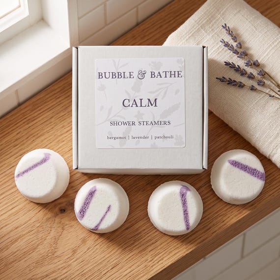 Calm Shower Steamers, Lavender Shower Bombs, Box of 4 Aromatherapy Melts, Spa Relaxation Gift, Vegan Cedarwood Bath Product, Devon Made