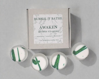 Awaken Eucalyptus & Menthol Shower Steamers | Box of 4 Strong Aromatherapy Shower Melts | Morning Wake Up Gift | Fresh Clearing Scent