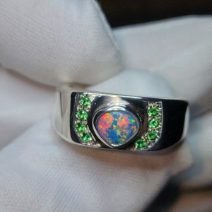 Australian Opal Doublet Silver Signet Ring With Emeralds Size 9