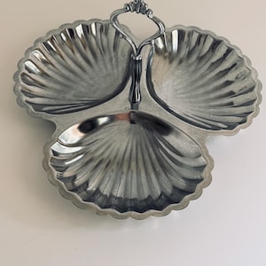 Vintage Silver Tone Shell Serving Dish, 3 Section Scallop Relish Tray, Divided Appetizer Server with Handle