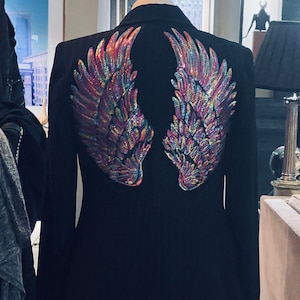 Black And Lilac Fitted Pin Striped Jacket With Lilac Rainbow Sequin Angel Wings Size UK 10