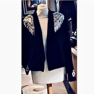 Black open cropped Jacket with silver angel wings and double hearts size X-Large but fits sizes UK 12 to 14