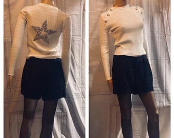 White Ribbed Jumper. Embellished  with Silver Buttons and Silver Star. UK Sizes  6 to 10