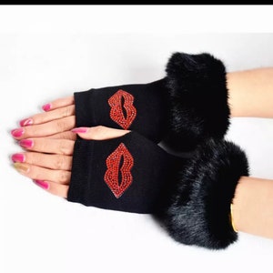 Black faux sheepskin fingerless touch screen gloves with red rhinestone lips  one size only