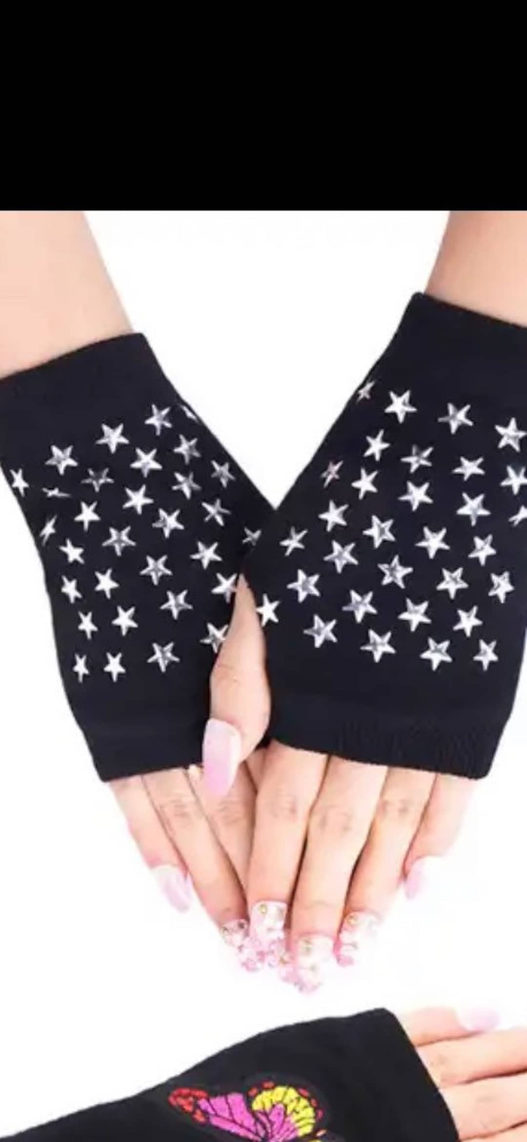 Black Fingerless Driving Gloves With Silver Star Studs, One Size