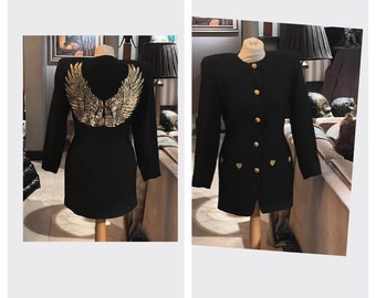 Black longer tailored blazer with gold buttons and gold sequin angel wings and hearts size 8