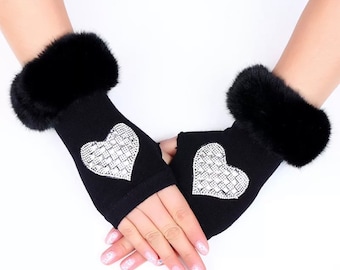 Black faux sheepskin fingerless  driving gloves with silver rhinestone heart INE size only