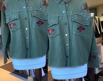 Loose Fit Khaki Denim Studded/ Embellished Jacket UK Size 8 to 10
