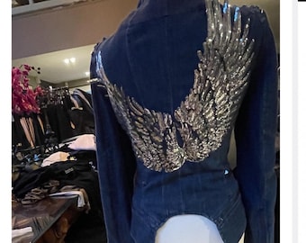 Blue denim studded biker jacket  with silver sequin angel wings  size 5XL fits size UK 16
