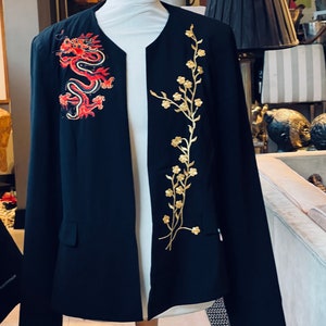 Black collarless Jacket with  blossom branch  and dragon size UK 20