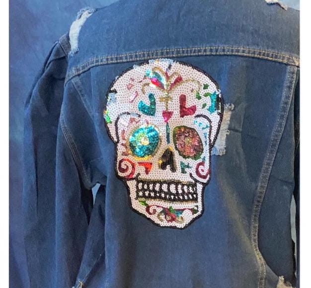 Distressed Denim Cropped Jacket, Sequin Skull & Stars, Plus Size 