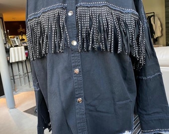 Denim Studded Fringed Shirt Jacket Fits 