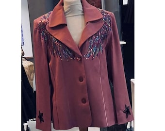 Dusty pink  Jacket with purple rainbow sequin angel  wings and stars size UK 18