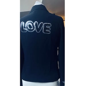 Chic Black open Jacket with black and silver sequin LOVE embellishment and hollow sequin stars in UK size 6