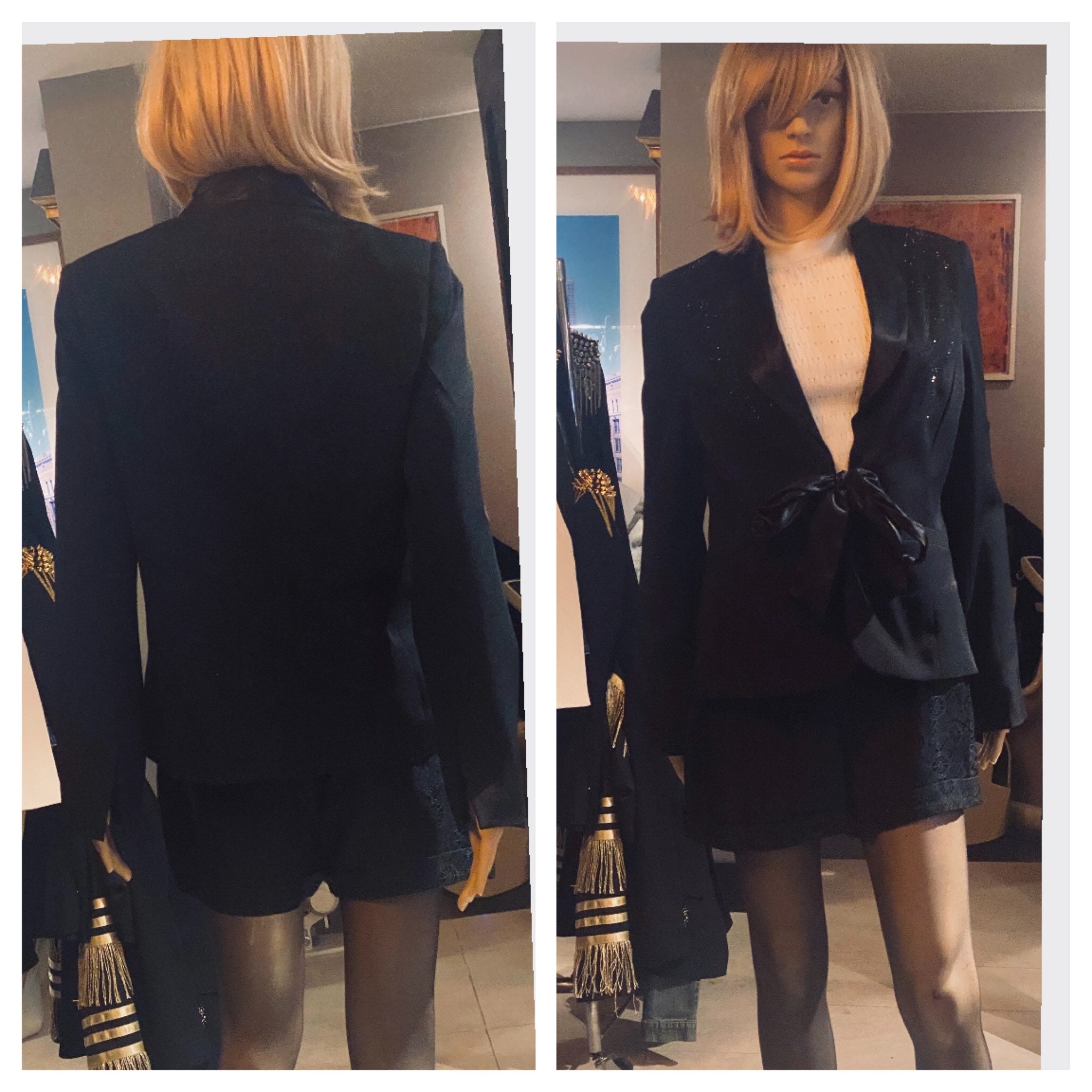 Stunning Black satin collar and front tie belt Jacket with subtle Black rhinestone angel wings size 14