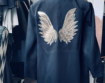 Black Double breasted Jacket with gold sequin angel wings and stars size UK 16