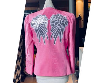 Chaqueta de verano de tafetán rosa con alas de ángel y lentejuelas (talla 12 del Reino Unido)