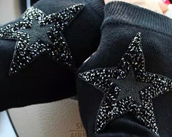 Black wool mix fingerless gloves for driving and touchscreen one size only with black rhinestone stars