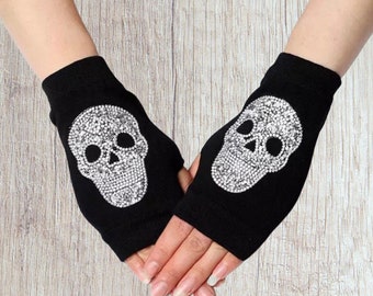 Black Driving Gloves with Silver Rhinestone Skulls - Touchscreen Fingerless One Size - Elegant and Edgy - Perfect for Fall and Winter