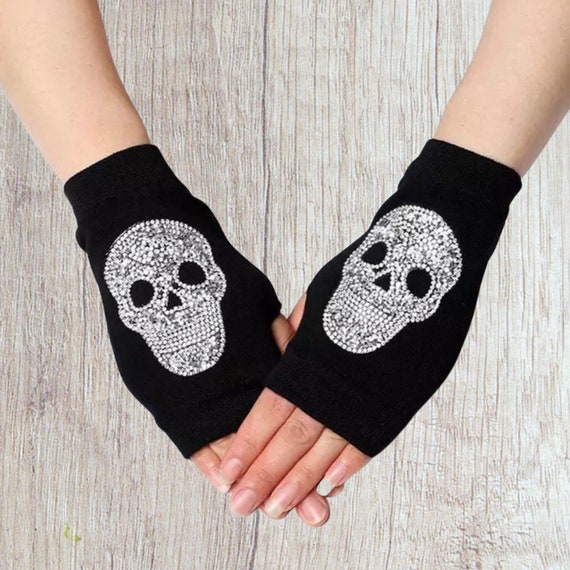 Black Fingerless Driving Gloves – Silver Rhinestone Skulls, Touchscreen