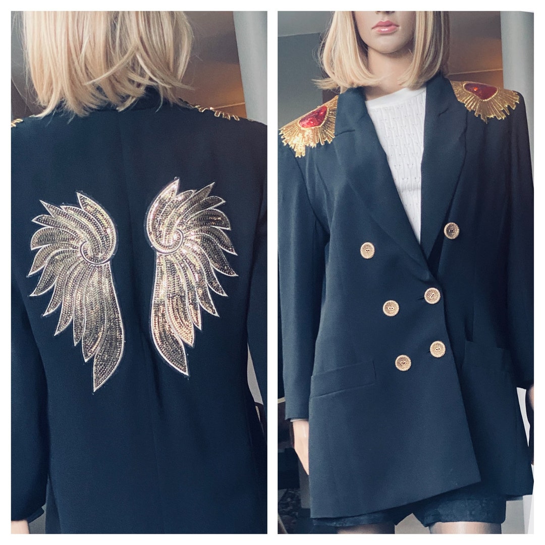 Black Double Breasted Gold Buttoned Tailored Blazer With Red and Gold ...