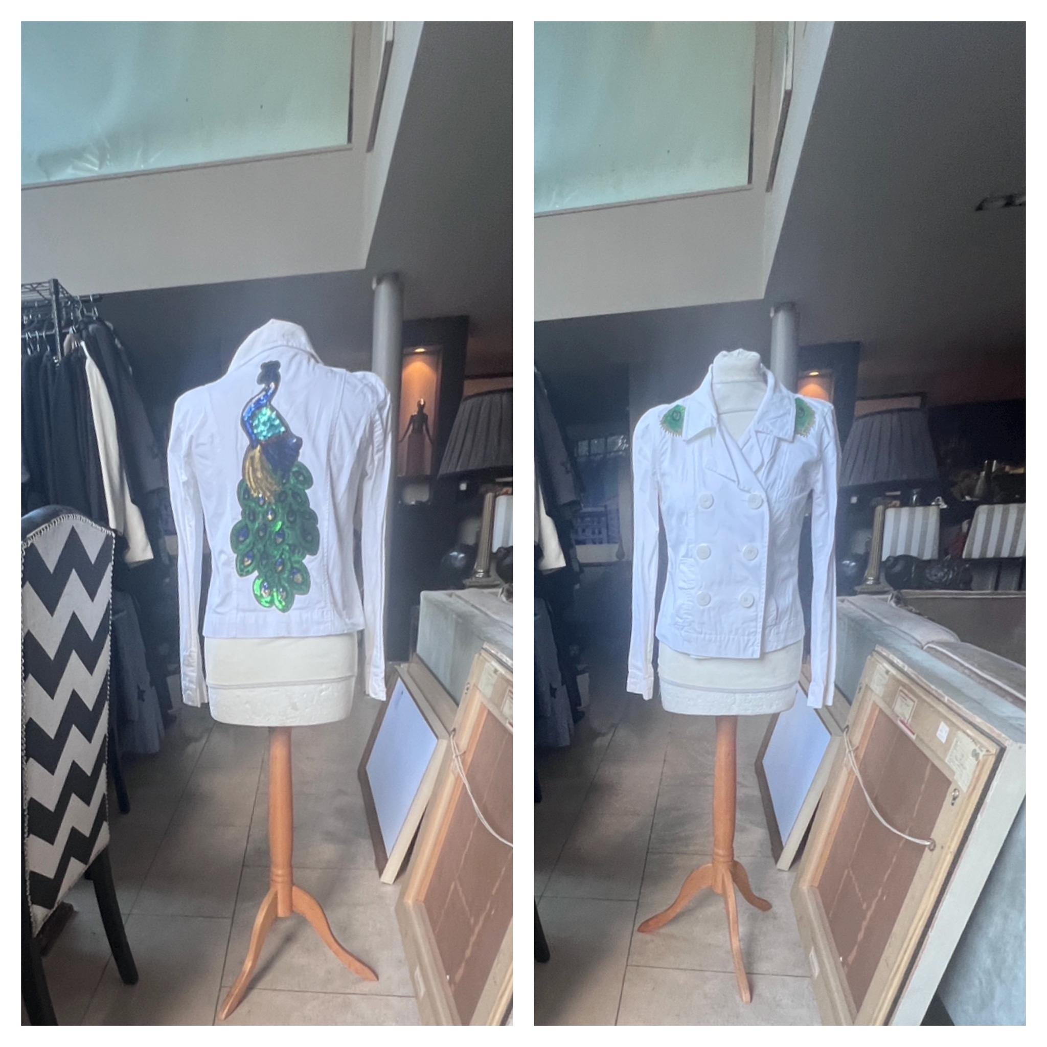 white denim peacock jacket size 8
