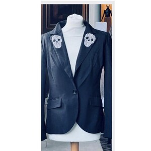 Black fitted tailored Jacket with silver rhinestone skulls size UK 12