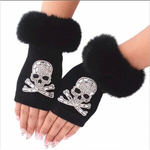 Black faux sheepskin fingerless driving gloves with silver rhinestone skull’s one size only