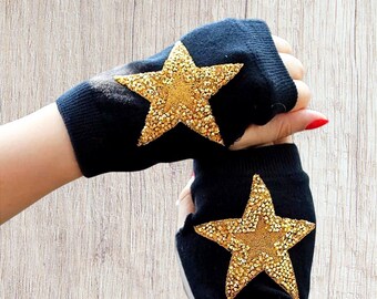 Black wool mix fingerless driving touch screen gloves with gold rhinestone stars