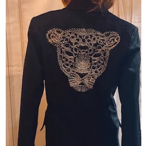 Black Jacket with Satin Trim. Embellished with Tiger, Stars and Discreet Black Stripe. UK Size 10