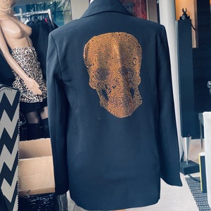 Black tailored Jacket with a gold rhinestone skull and two smaller sequin skulls size UK 10