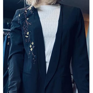 Black open loose fitting lined black Jacket with a black and gold orientalist blossom branch  euro size 38 UK size 10