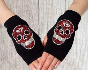 Vingerloze handschoenen strass schedel - zwarte wolmix autohandschoenen