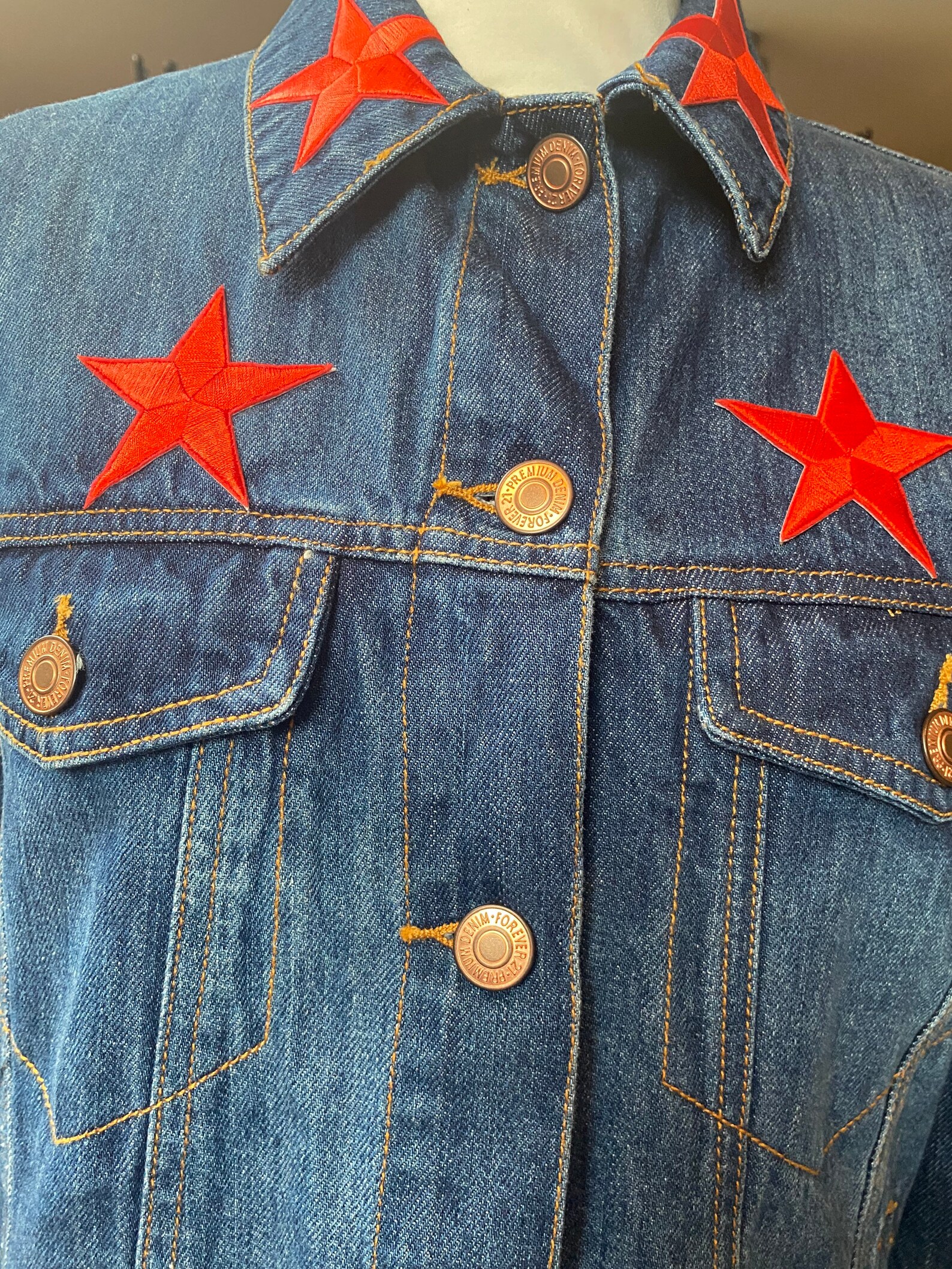 Blue denim jacket with red stars and large white sequin star Etsy