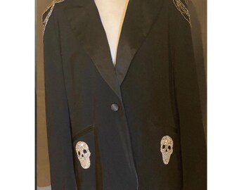 Black Satin Trim Collar and Pockets with Rhinestone ngel Wings Skulls and beaded Epaulettes Size UK 20