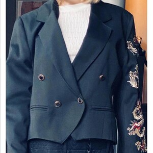 Gold and black buttoned fitted Jacket with dragon on one arm size UK 10
