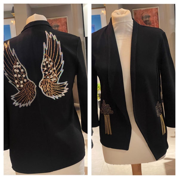 Black open lightweight  textured  open blazer with gold and black angel wings and matching rhinestone tassel crowns size 10