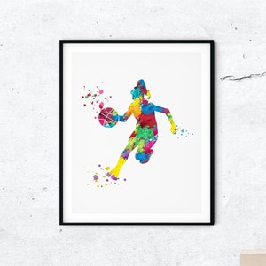 女子バスケットボール選手 | シルエットアートプリント | 水彩画アート | カラフルなティーンスポーツ | ホームデコレーション | ウォールアート | デジタルプリント