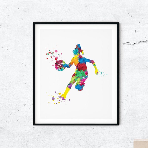 Basketteur Féminin | Impression artistique silhouette | Art de l'aquarelle | Sport adolescent coloré | Décoration d'intérieur | Art mural | Impressions numériques