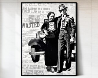 Impresión de Bonnie y Clyde / Decoración de cuevas de hombres / Impresión de mafiosos / Arte pop en blanco y negro / Impresión de retrato de gánsteres / Fotografía antigua / Arte digital