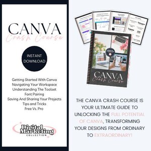 Może przedstawiać: Kurs marketingu cyfrowego na platformie Canva, z tekstem "CANVA Crash Course" i "INSTANT DOWNLOAD" na różowo-czarnym tle. Kurs zawiera informacje o tym, jak zacząć korzystać z Canvy, nawigować po przestrzeni roboczej, rozumieć zestaw narzędzi, łączenie czcionek, zapisywanie i udostępnianie projektów, wskazówki i porady oraz wersję bezpłatną w porównaniu z wersją płatną.