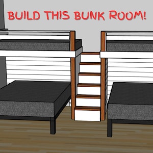 Puede incluir: Una representación 3D de una habitación con literas, con dos juegos de literas, una escalera de madera blanca y una pared de paneles de madera blanca. El texto "BUILD THIS BUNK ROOM!" está escrito en rojo en la parte superior de la imagen.